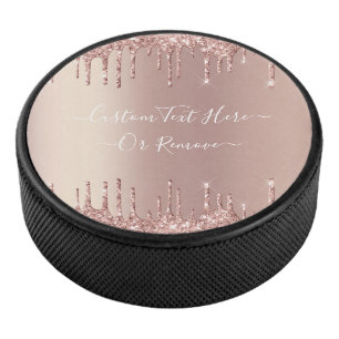 Rose Gold Blush Glitter Sparkle Drips Custom Text  Hockey Puck