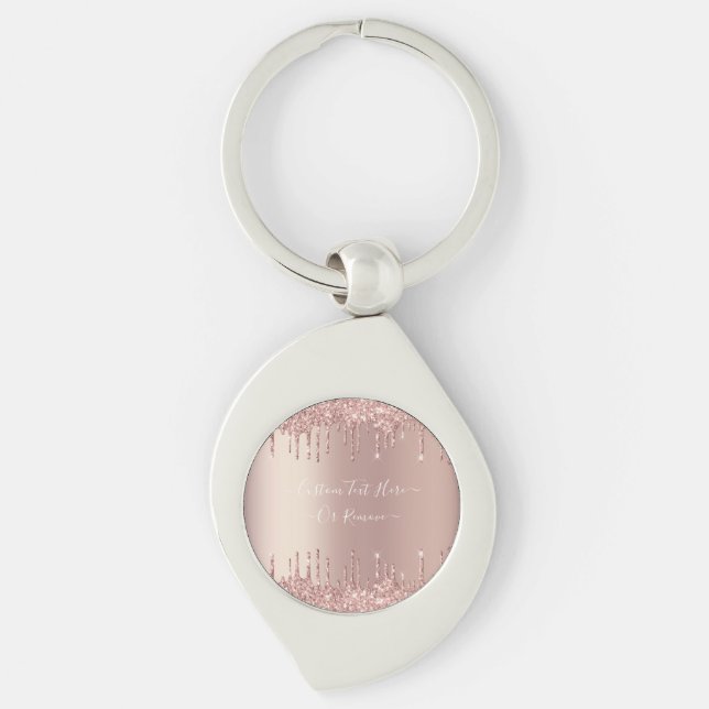 Rose Gold Blush Glitter Sparkle Drips Custom Text  Keychain (Front)