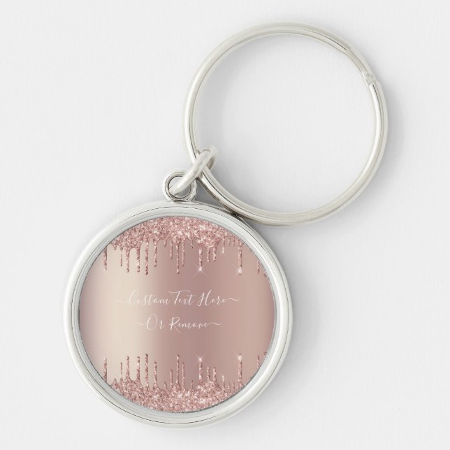 Rose Gold Blush Glitter Sparkle Drips Custom Text Keychain (Front)