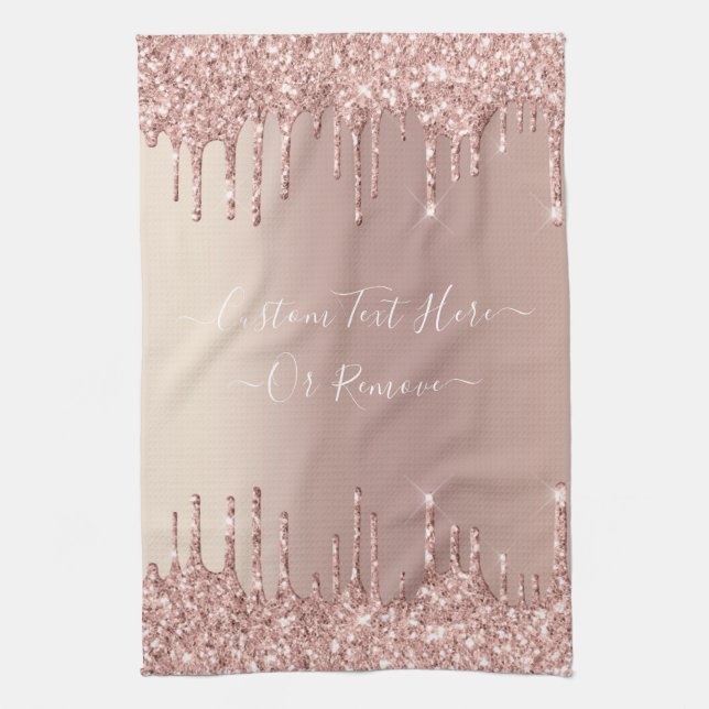Rose Gold Blush Glitter Sparkle Drips Custom Text  Kitchen Towel (Vertical)