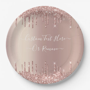 Rose Gold Blush Glitter Sparkle Drips Custom Text Paper Plates