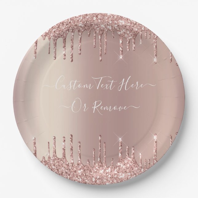 Rose Gold Blush Glitter Sparkle Drips Custom Text Paper Plates (Front)