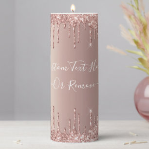 Rose Gold Blush Glitter Sparkle Drips Custom Text  Pillar Candle