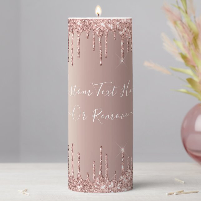 Rose Gold Blush Glitter Sparkle Drips Custom Text  Pillar Candle (In Situ)