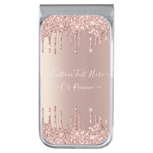 Rose Gold Blush Glitter Sparkle Drips Custom Text  Silver Finish Money Clip