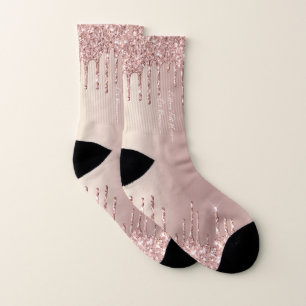 Rose Gold Blush Glitter Sparkle Drips Custom Text Socks