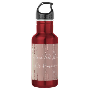 Rose Gold Blush Glitter Sparkle Drips Custom Text Stainless Steel Water Bottle