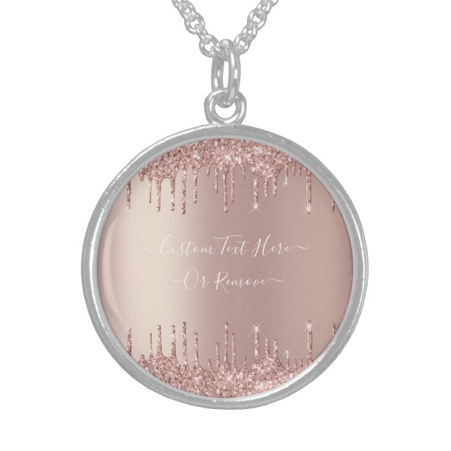 Rose Gold Blush Glitter Sparkle Drips Custom Text  Sterling Silver Necklace (Front)