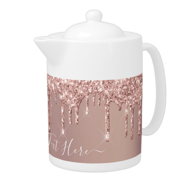 Rose Gold Blush Glitter Sparkle Drips Custom Text  Teapot (Right)