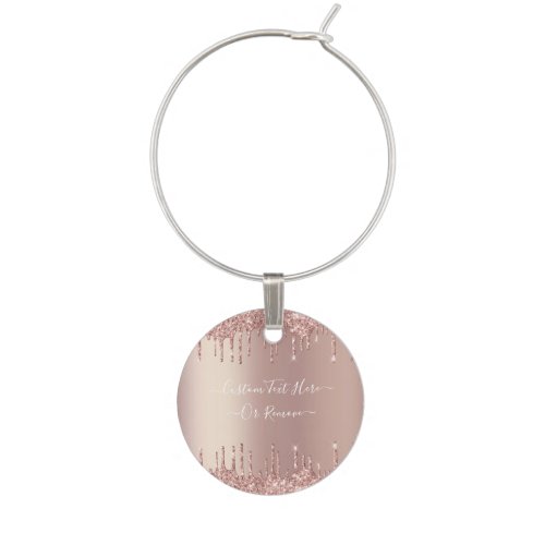 Rose Gold Blush Glitter Sparkle Drips Custom Text  Wine Charm