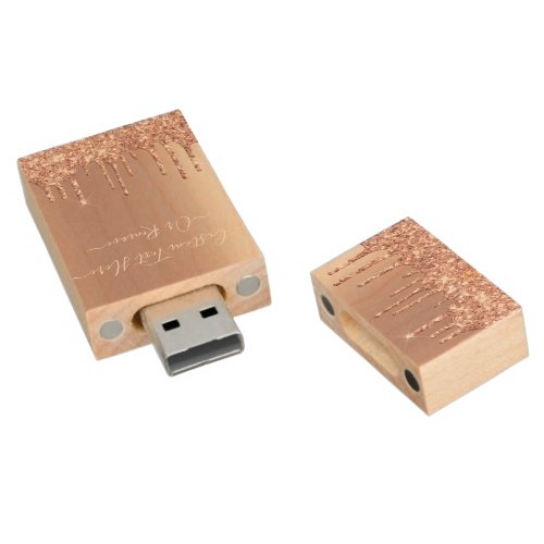 Rose Gold Blush Glitter Sparkle Drips Custom Text  Wood Flash Drive