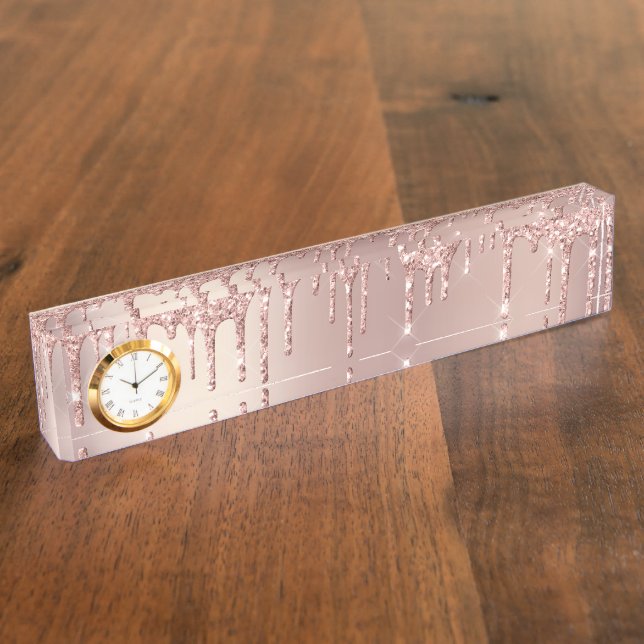 Rose Gold Blush Glitter Sparkle Drips Modern Desk Name Plate (Side)