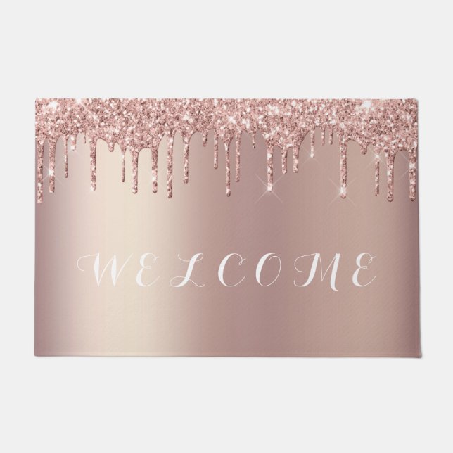 Rose Gold Blush Glitter Sparkle Drips Modern Doormat (Front)