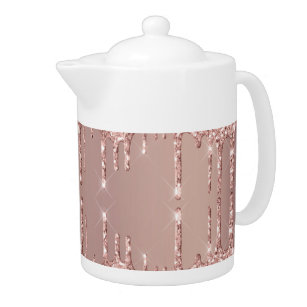 Rose Gold Blush Glitter Sparkle Drips Modern Teapot