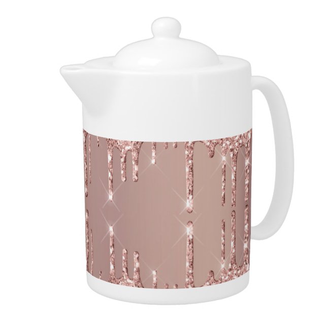 Rose Gold Blush Glitter Sparkle Drips Modern Teapot (Right)
