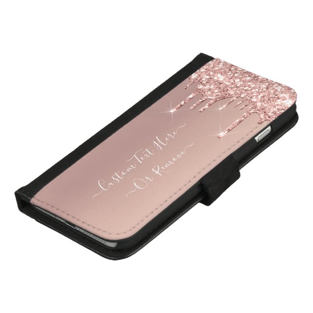Rose Gold Blush Glitter Sparkle Drips + Text/ Name iPhone Wallet Case (Bottom)