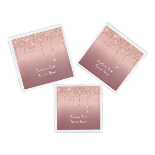 Rose Gold Blush Glitter Sparkle Drips Text Wedding Acrylic Tray