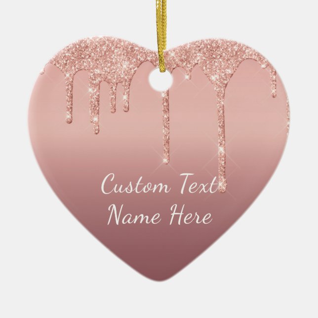 Rose Gold Blush Glitter Sparkle Drips Text Wedding Ceramic Ornament (Front)