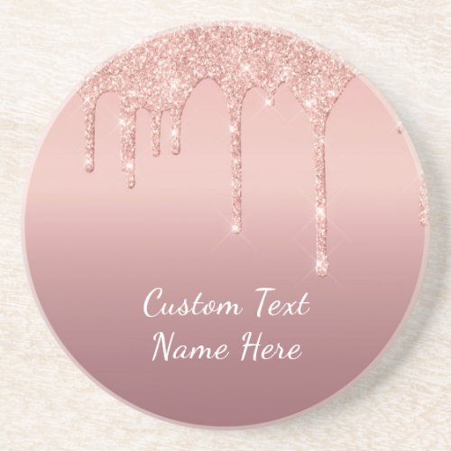 Rose Gold Blush Glitter Sparkle Drips Text Wedding Coaster