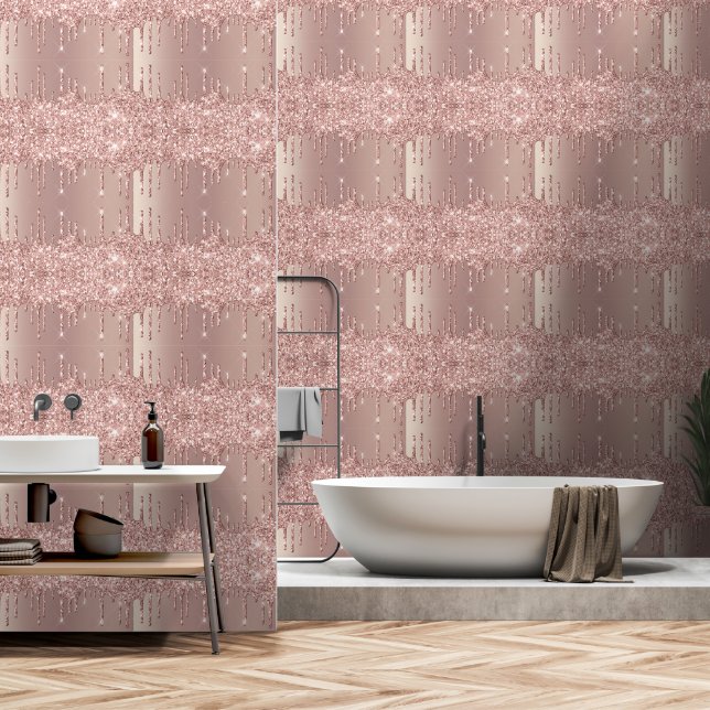 Rose Gold Blush Glitter Sparkle Drips Wallpaper (Bathroom)