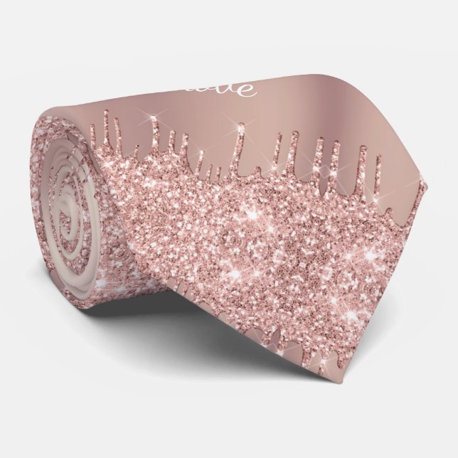 Rose Gold Blush Glitter Sparkle Drips - With Text Neck Tie (Rolled)