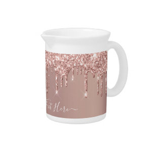Rose Gold Blush Glitter Sparkle Drips - Your Text Beverage Pitcher
