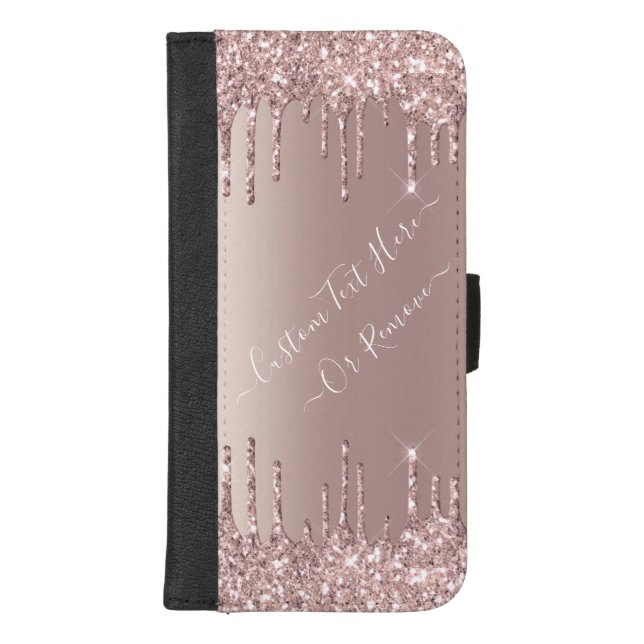 Rose Gold Blush Glitter Sparkle Drips - Your Text iPhone Wallet Case (Front)