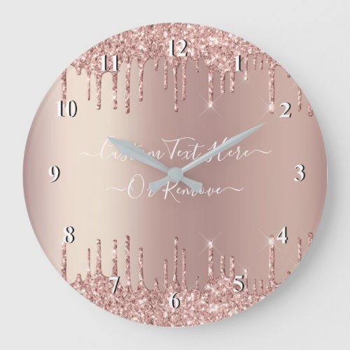 Rose Gold Blush Glitter Sparkle Drips _ Your Text Large Clock