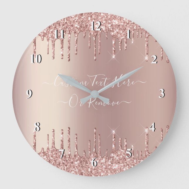 Rose Gold Blush Glitter Sparkle Drips - Your Text Large Clock (Front)
