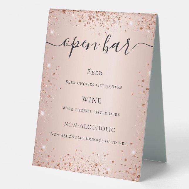 Rose gold blush glitter sparkles script bar menu table tent (Front)