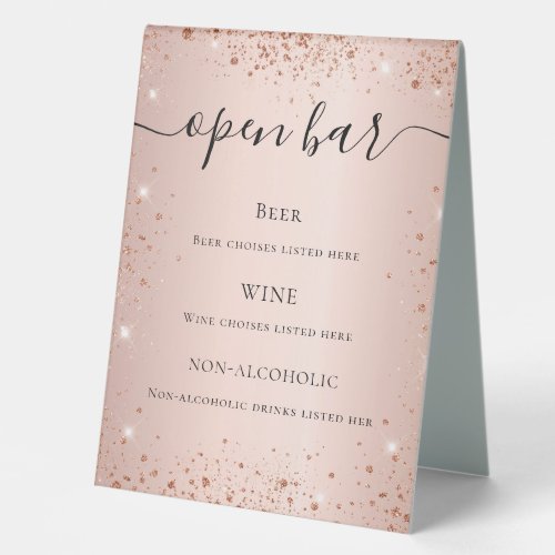 Rose gold blush glitter sparkles script bar menu table tent sign