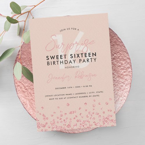 Rose Gold Blush Glitter Surprise Sweet 16  Invitation