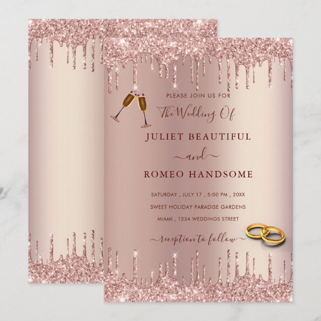 Rose Gold Blush Glitter Wedding Invitation Drips (Front/Back)