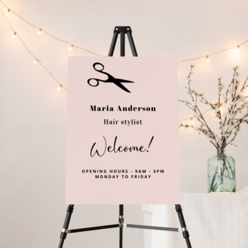 Rose gold blush hair stylist opening hours welcome foam board