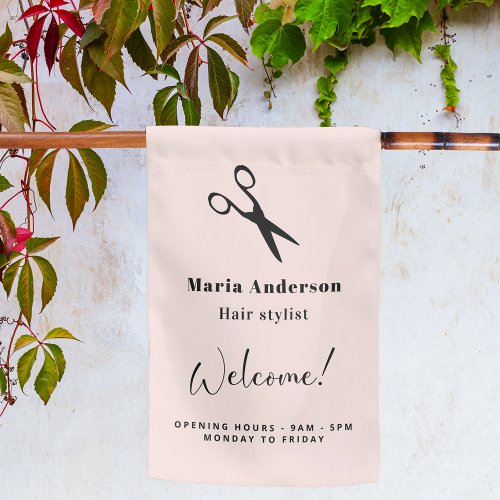 Rose gold blush hair stylist opening hours welcome garden flag