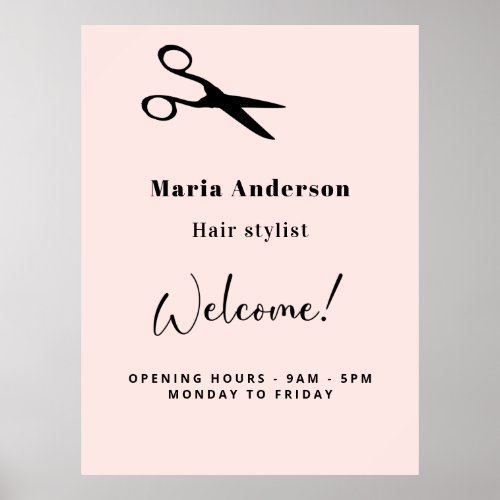 Rose gold blush hair stylist opening hours welcome poster