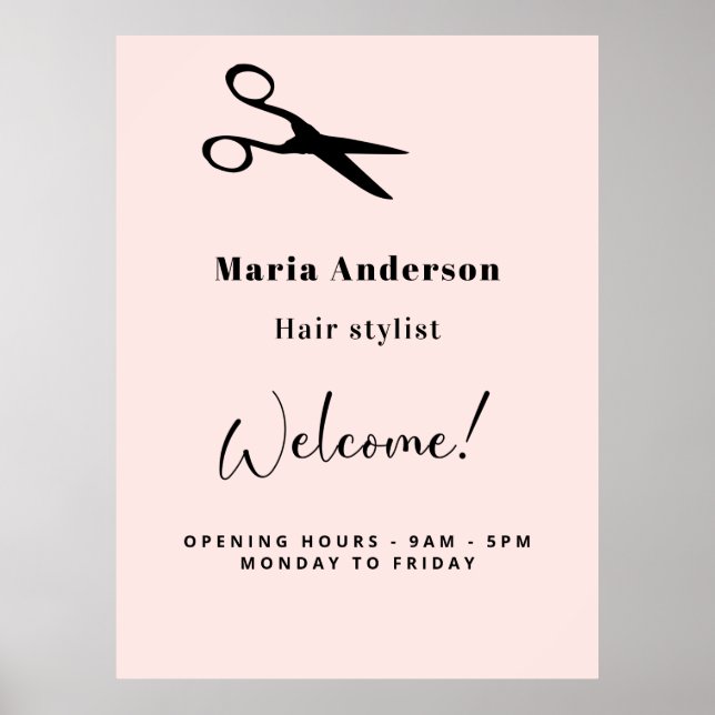 Rose gold blush hair stylist opening hours welcome poster (Front)