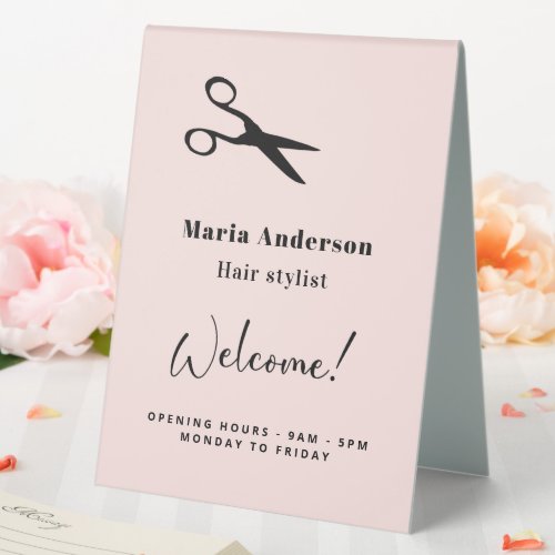 Rose gold blush hair stylist opening hours welcome table tent sign