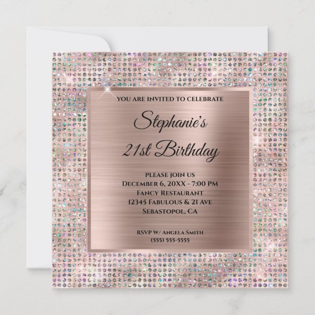 Rose Gold Blush Holo Diamond Studded Foil Birthday Invitation (Front)