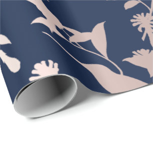 Rose Gold Blush Hummingbird Flowers Blue Navy Wrapping Paper