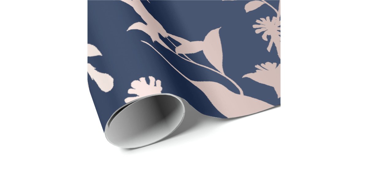 Rose Gold Blush Hummingbird Flowers Blue Navy Wrapping Paper | Zazzle