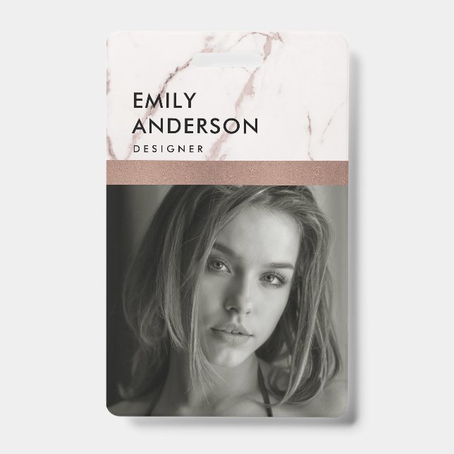 ROSE GOLD BLUSH MARBLE EMPLOYEE PHOTO BARCODE NAME BADGE (Front)
