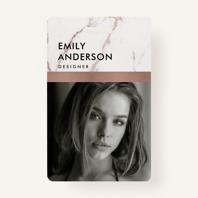 ROSE GOLD BLUSH MARBLE EMPLOYEE PHOTO BARCODE NAME BADGE (Front)