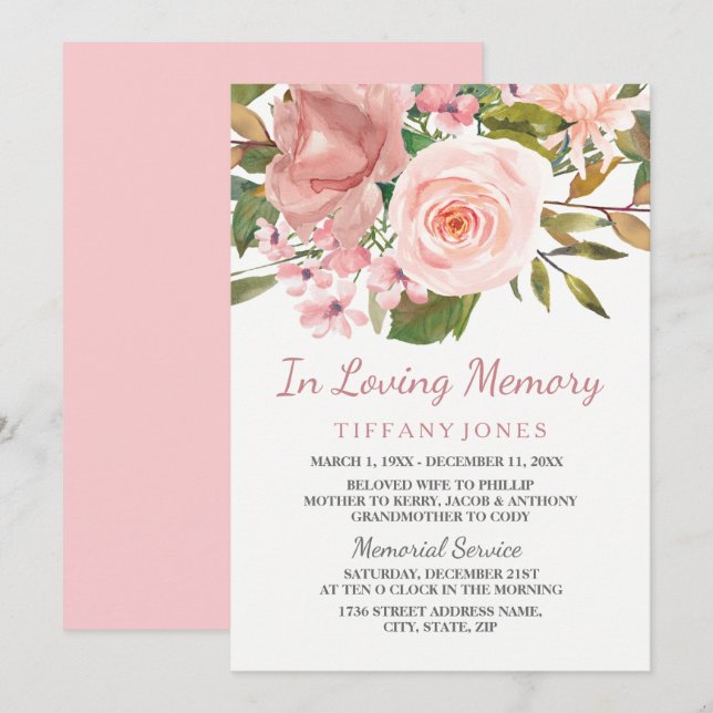 Rose Gold Blush Memorial Announcement Service (Front/Back)
