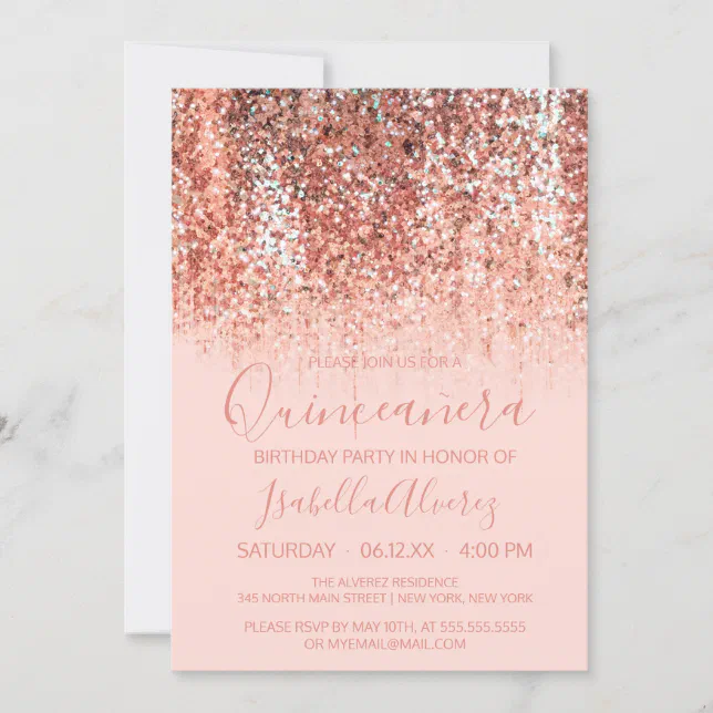 Rose Gold Blush Mermaid Glitter Ombre Quinceañera Invitation | Zazzle