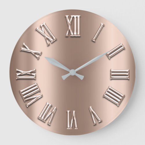 Rose Gold Blush Metal Skinny Silver Roman Numbers Large Clock