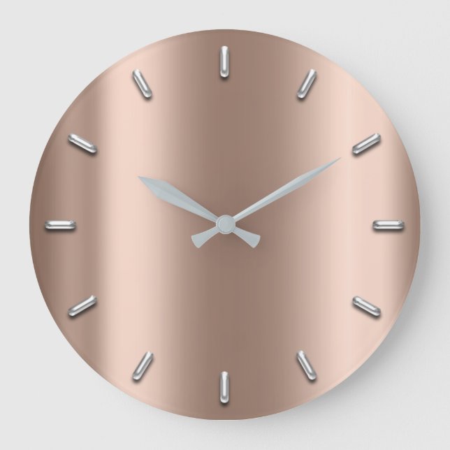 Rose Gold Blush Metallic White Silver Gray Minimal Large Clock (Front)