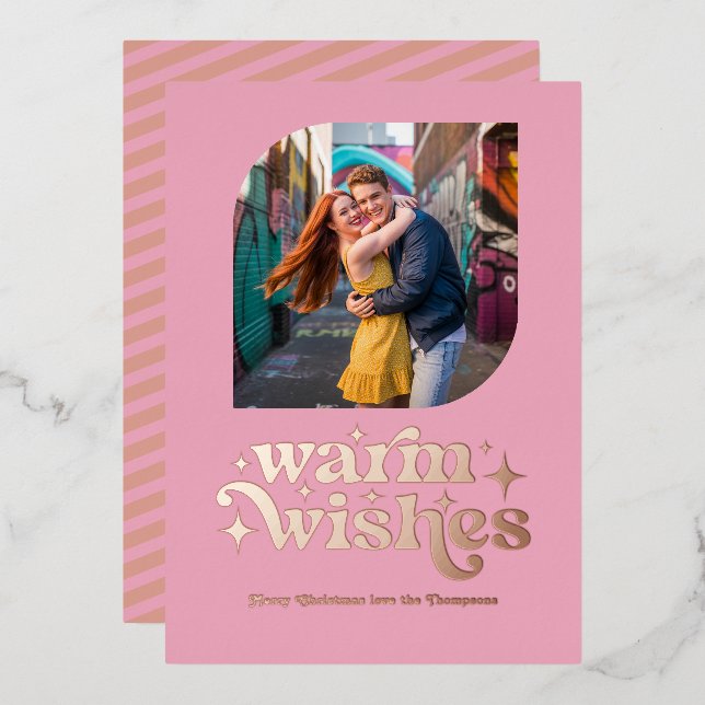 Rose Gold & Blush Modern Retro Christmas Photo Foil Holiday Card (Front/Back)