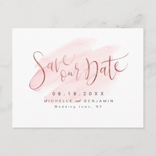 Rose Gold Blush Modern Simple Script Save The Date Announcement Postcard