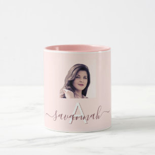 Rose gold blush monogram initial name photo mug